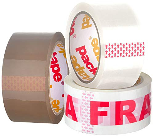 Packatape 3 rouleaux de ruban adhésif d'emballage à usage général – 1 rouleau x marron, 1 rouleau x transparent, 1 rouleau x ruban adhésif fragile 48 mm x 66 m