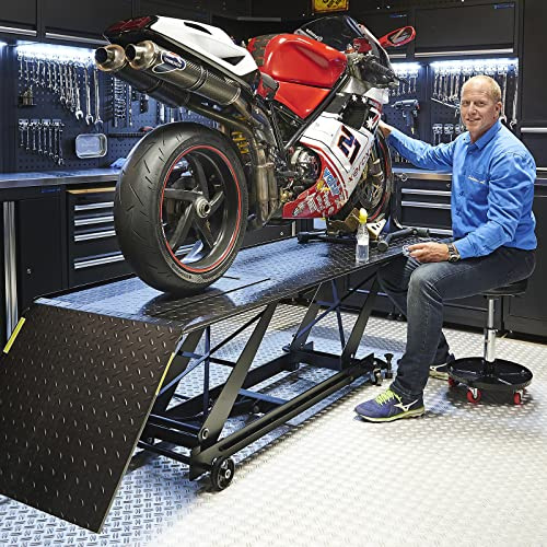 Datona Motorradhebebühne Hydraulisch mit Werkstatthocker - Motorheftisch 450 kg Tragkraft - 80 cm Hubhöhe, 288 x 70 x 18 cm, inkl. Radklemme & Motorradwippe