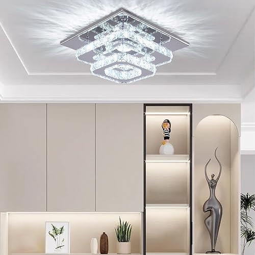 Finktonglan Crystal LED Ceiling Light, Lamp Stainless Steel K9 Modern Flush Mount Lights Fixture Square Chandelier for Dining Room Living Bedroom (Cool White)