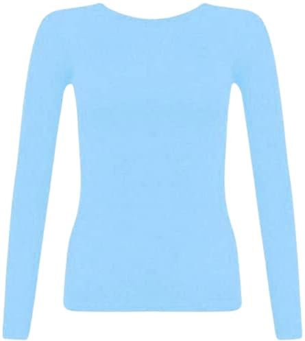 New Ladies Long Sleeve Round Neck Plain Basic Women's Stretch T-Shirt (Sky Blue, 20)