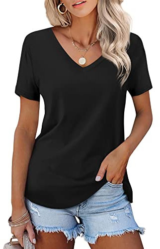 Beluring Damen Einfarbig Kurzarm Oberteile V-Ausschnitt Sportlich Loose Fit Tops Schwarz XXL