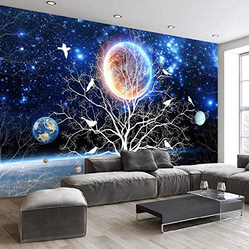 YXTSmurals Fototapete 3D Effekt Blau Mond Sterne Fototapeten Vlies Tapeten Wandtapete Vliestapete Wandbild Wand Schlafzimmer Wohnzimmer Büro Küche