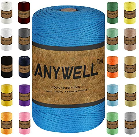 ANYWELL Pfauenblau Makramee Garn 3mm x 218yards, Corde Makramee, farbiges Makramee-Seil, Baumwollschnur, handgefertigtes, weiches 4-strängiges gedrehtes Baumwollseil, Wandbehang, Pflanzenaufhänger