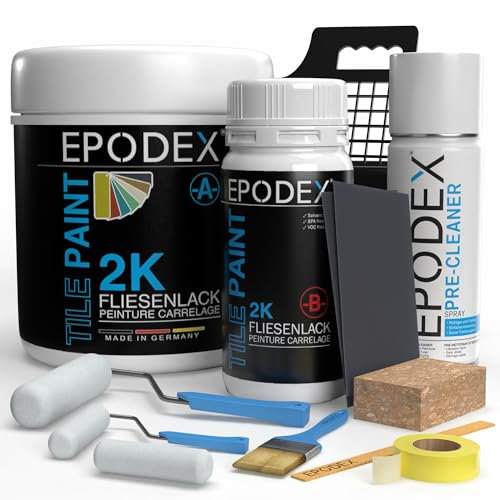 EPODEX 2K Fliesenfarbe mit Zubehör für Badezimmer, Küche & mehr | Hochwertige Farbe für Wand- und Bodenfliesen | Wasserfester Fliesenlack weiß, grau, beige & mehr | 1.8kg (7m² für 2 Anstriche)