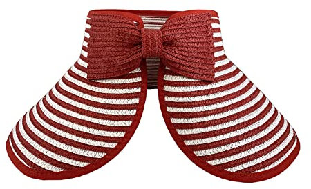Chapeau de plage pliable pour femme - Chapeau de paille pliable avec large bord et queue de cheval pour protection UV et voyage d'été SM01, Rayures rouges et blanches, Taille unique