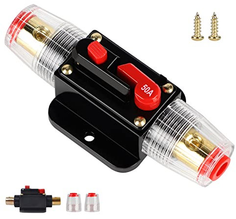 EXLECO 50A Interruttore Automatico DC 12V-24V Auto Interruttore di Circuito Recuperabile, Fusibile di Ripristino, Risistemazione Manuale Portafusibili Inverter per Auto Audio Sistema di Protezione