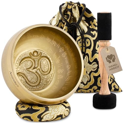 Lot de Bol Chantant Tibétain Om pour Yoga, Méditation et Détente - Bol Chantant Tibétain Peint à la Main Ø 16 cm, Double Maillet avec Feutre et Cuir, Coussin d'Anneau, Sac et Instructions