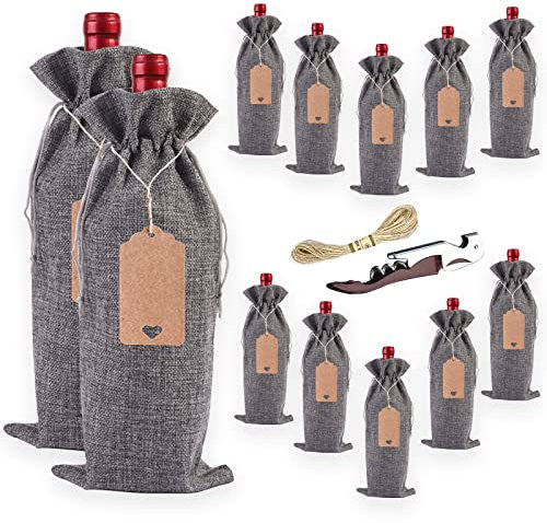 12 sacs à vin en toile de jute avec cordon de serrage, sacs à vin réutilisables pour fournitures de fête (Gris)