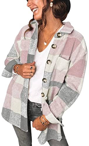 Camicia Scozzese Donna Camicia Flanella Quadri Donna Shacket Camicia Giacca Scacchi Classica Oversize Boscaiolo Camicie Casual Donna Taglie Forti Camicia Quadretti Bottoni Donna Primavera Rosa L