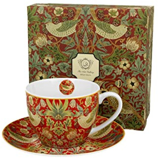DUO ART GALLERY Tasse 270 ml STRAWBERRY THIEF RED mit Untertasse, New Bone China Porzellan