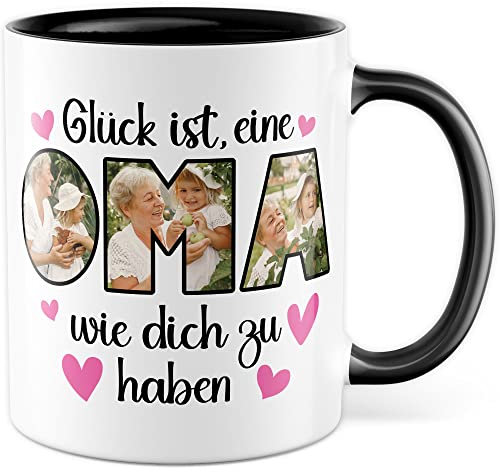 Oma Tasse personalisiert mit Bild, Glück ist eine Oma wie dich zu haben, Geschenk personalisierbar Großmutter Spruch Enkelkinder Geschenkidee Enkel Kaffeetasse (Weiß/Schwarz)