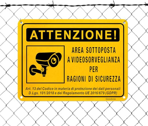 Cartello Area Videosorvegliata Alluminio 15x20cm Cartello Telecamere per Casa e Negozio e Ufficio Protezione UV Gialla Riflettente e Accattivante