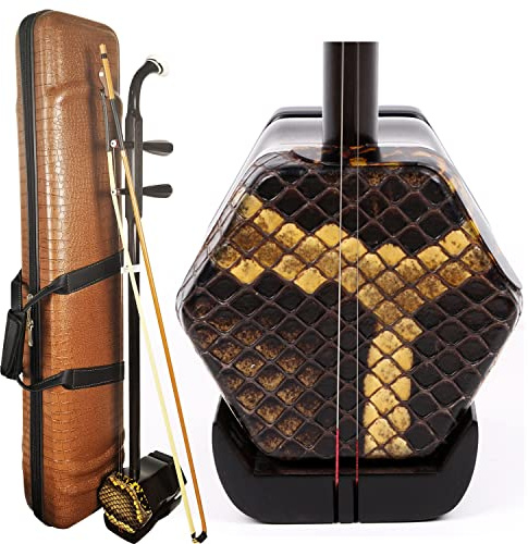 NS Musical Profi Ebony Erhu, 2-saitige chinesische Violine Geige mit NICOSHINE Erhu Bogen, 10-Gitter Trommelhaut, inklusive Lern-DVD, Kolophonium, Reinigungstuch, Brücke, und Hartschalenkoffer