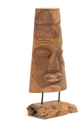 CREEDWOOD Holz Maske Tiki | 40 cm, Massivholz | Tiki Skulptur, Holz Figur auf Sockel, Woru Statue, handgeschnitzte Tiki Dekofigur, Hawaii Tiki Statue, Woru Deko Maske