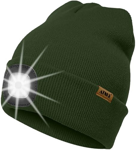 ATNKE LED Beleuchtete Mütze mit Licht,Wiederaufladbare USB 4 LED Beleuchtete Laufmütze Extrem Heller Lampe Winter Warme Stricken Mütze Technik Geschenke für Herren und Damen/Dark Army Green