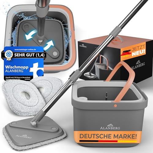 ALANBERG® Juego de trapeador con cubeta – Sistema de 2 cámaras para Separar el Agua Sucia del Agua Fresca – con Mango telescópico de 160 cm y mopas de Microfibra – para Todo Tipo de Suelos, Gris
