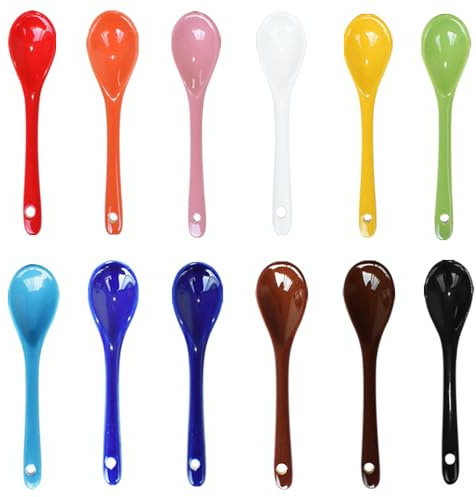 Pirhosigma 12 Color Porcelain Egg Spoons Ceramic Spoons 4.7 inch/12cm Length 2.7cm Width Coffee Spoon Dessert Yogurt Tea Milky Tea