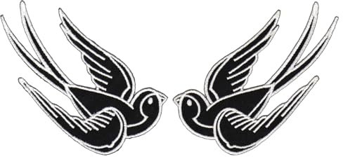 Schwalbe Schwarz Weiß Set 2 Stück Aufnäher zum aufbügeln oder aufnähen Bügelbild Aufbügler für Kleidung gestickter Bügelpatch Applikation Rockabilly Vogel Patch Größe einer Schwalbe 10 x 5 cm