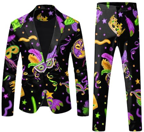 Anzug Kostüm Herren Lustiger Masken Anzug Prom Suits Faschingskostüme mit Bunten Drucken 60er Jahre Pop Art Style Outfit, Party Jacke und Hose, Karneval, Mottoparty, Mardi Gras S-3XL