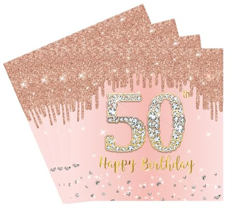 Rosa Servietten 50. Geburtstag Frau, 20 Stück 33 X 33cm Happy Birthday Papier Servietten 50 Deko, 2-Lagig Cocktail Serviette 50 Geburtstag für Feier Jubiläum Tischdekoration