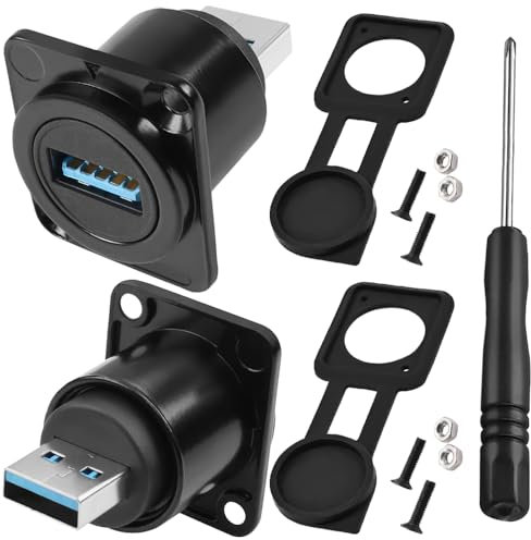 Xiatiaosann USB3.0 Male to Female Panel Mount Socket, USB 3.0 D-type Coupler Socket USB Pass Through Connector with Waterproof Cover, Screwdriver (2 Pack)