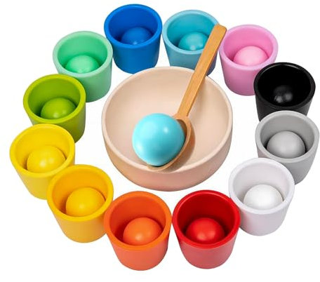 ChaneeHann Regenbogen Bälle in Tassen Kleinkinder Montessori Spielzeug ab 1 Jahr +,Baby Sensorik Bälle Holzspiele zum Zählen und Sortieren Farben Lernen - 12 Ball 35mm