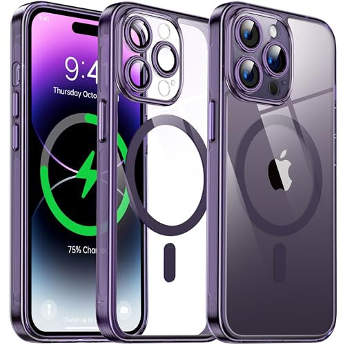 Flyzoo Magnetisch Hybrid Clear Hülle für iPhone 14 Pro - [Kompatibel mit MagSafe] [Eingebaute Kameraschutz Folie] Hart Durchsichtig Handyhülle Stoßfeste Transparente mit Silikon Schutzhülle, 6,1,Lila