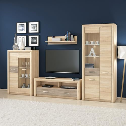 Wohnwand Kiefer hell 4-teilig modern 1 Lowboard, 1 Wandregal, 1 Vitrine, 1 Highboard, inkl. LED Beleuchtung