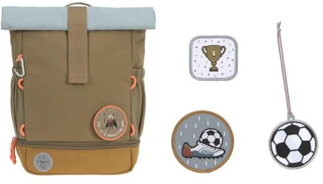 LÄSSIG Kindergartenrucksack Kinderrucksack Rolltop mit Brustgurt wasserabweisend & Anhänger und Patches Set (3 STK.) mit Druckknopf/School Patches Set Football