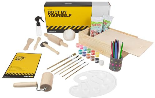DIBYS Töpfer-Set für Kinder | Mit Ton (lufttrocknend, weiß), Holzwerkzeug, Farben, Holz-Pinsel & Anleitung | Kreatives DIY-Set mit Box zum Basteln & Bemalen | Geschenk-Ideen für Mädchen & Jungen