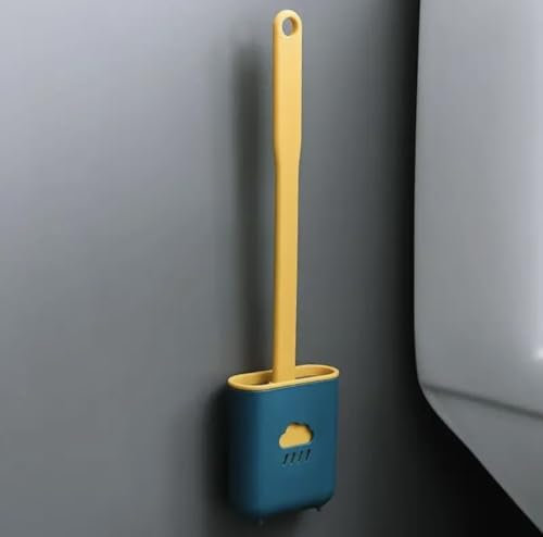 Toilet Brush, 1Pack Bathroom Silicone Toilet Brushes and Holder Sets with No-Slip Long Plastic Handle and Soft Flexible Bristles, Toilet Brushes with holders and Base for Anti-drip (Blue & Yellow)