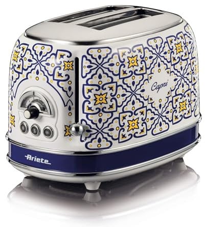 Ariete Toaster 155 Capri, Mediterranean Style, 2 Wide Slots, 6 Burning Levels with Automatic Ejection, Crumb Tray, Grilling, Heating and Defrosting, 810W