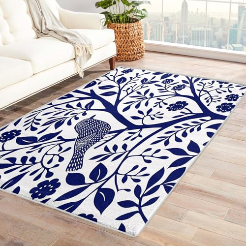 Generisch Blau Weiß Teppich - Teppich Wohnzimmer Schlafzimmer Marineblau, Kleiner Teppich Orientalische, Weich Kurzflor & Waschbar & rutschfest Fussmatte Innen, Kinderteppich 80x150 cm