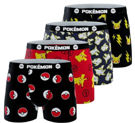Pokémon Pikachu Jungen Boxershorts, Weich, Atmungsaktiv & Bequem (4er Pack), Schwarz/Rot/Weiß/Gelb 5/6 Jahre