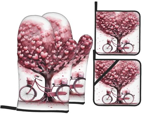 YYHHAOFA Festa della mamma San Valentino romantico cuore albero e bicicletta stampato cucina cottura set quattro pezzi – guanto da forno isolato e presine spessi e durevoli