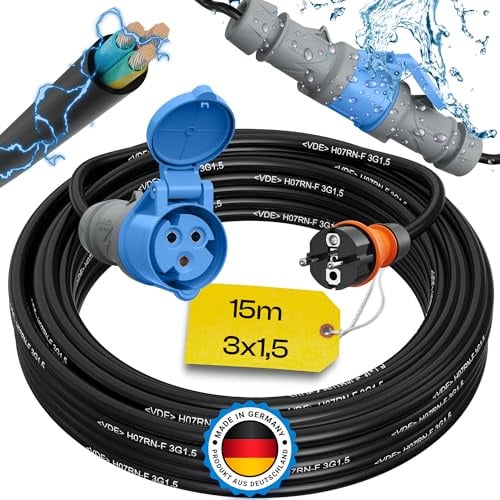 maxgo 15m Camping Adapter Schuko auf CEE 230v 16a 3x1,5 H07RN-F Stromadapter Stromkabel Landstromanschluss Adapterkabel Verlängerungskabel Kabel Wohnmobil Schukostecker Mennekes Campingkupplung