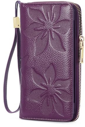 GOIACII Geldbörse Damen Groß, RFID Blocking Portemonnaie Frauen Gross Leder Geldbeutel im Langformat Geprägte Blumen Brieftasche mit Handyfach und Reißverschluss