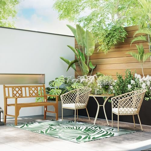 Outsunny Tappeto da Esterno per Balcone e Terrazza, Tappetino Reversibile con Fantasia a Foglie, Resistente ai Raggi UV, per Giardino, Patio, Spiaggia, Picnic, 152x243 cm, Verde e Bianco
