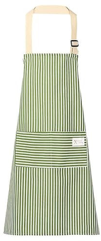 DILUSILK Stripe Bib Apron, 2 Pcs Chefs Apron, Woman Apron with Pockets, Adjustable Apron,Chefs Kitchen Aprons for Cooking, Baking, Gardening, Household Cleaning, Restaurant (Green)