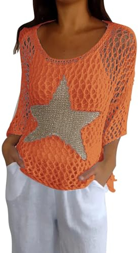 VaiKanhai Strand Gadgets Holiday Women's 2024 Spring Crochet 3/4 Sleeve Pullover Loose Top, red, M