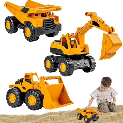GYHWOFUL 3 Stück Bagger Spielzeug Set – Sandspielzeug Fahrzeuge für Sandkasten & Strand, Kipplaster, Bulldozer & Bagger mit Trägheit, Robuste Sommerspielzeuge für Kinder