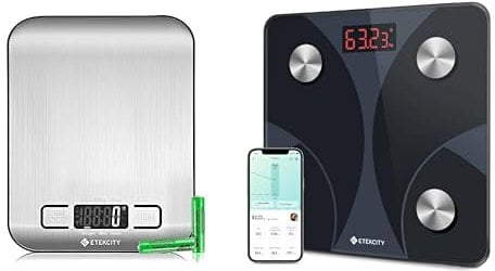 ETEKCITY Küchenwaage,digital 5KG mit LCD, Edelstahlfläche, 1g Genauigkeit, Tara, Flüssigkeitsmessung. Etekcity Körperfettwaage mit App, 13 Körperwerten, 180kg Kapazität, Bluetooth, BMI, Muskelmasse.