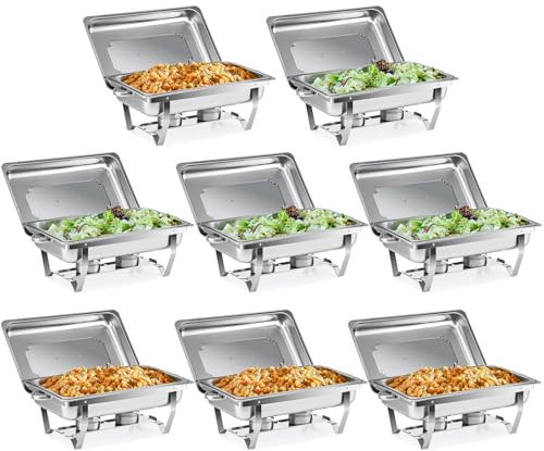 WILPREP Chafing Dish 8 Pack, 9L Rectangle Stainless Steel Food Warmer Kit with Lids Food Pans Bain Maries and Fuel Holders, Buffet Serving Utensils for Restaurant Catering Parties Weddings