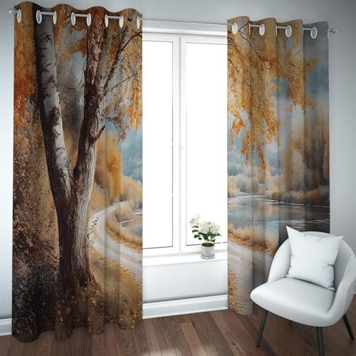 Cortinas Opacas con Tema la Naturaleza otoño Cortinas Ventana Carretera y Bosque montaña Junto al río para Estudio Sala Estar Dormitorio Reducción Ruido W245xL300cm 2 Paneles