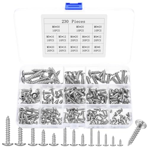 230 viti autofilettanti, M3 M4 M5 M6, in acciaio inox, per pannelli acustici, viti a testa piatta, viti a testa bombata per legno, lamiera, plastica