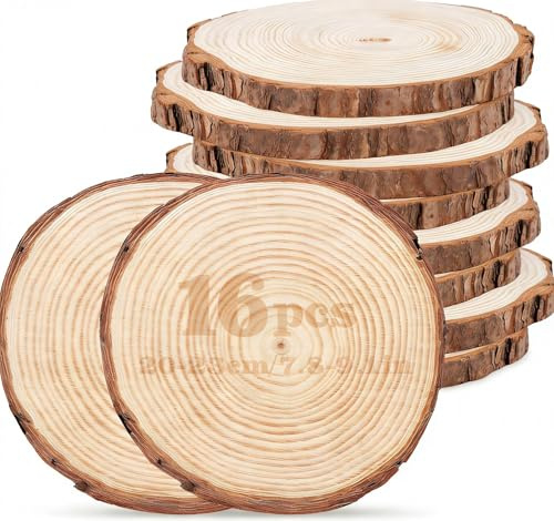 16 Stück Holzscheiben 20 cm Durchmesser, Runde Baumscheiben aus Naturkiefer Extra Dick (2cm Dicke) ohne Loch – Groß für Hochzeitsdeko, Tischdeko, DIY Basteln, Rustikale Wohnkultur, Weihnachten