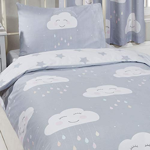 Price Right Home Happy Clouds Single Duvet Cover Set Grey/White (DUV904) | 1 Duvet Cover & 1 Pillowcase, Reversible 2-in-1, Easycare Polycotton, Machine Washable, Tumble Dry, Stars