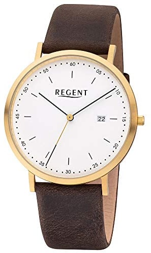 REGENT Herren-Armbanduhr Edelstahl IPG analog Quarz Lederband braun F-1143