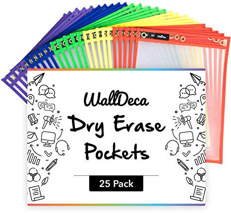 WallDeca Dry Erase Pocket Sleeves Assorted Colors, 8.5 x 11 inches (22 x 28 cm), Plastic Paper Holder Pack, Reusable Dry Erase Sleeves, Classroom Essentials for Teachers, 5 Colors (25-Pack)