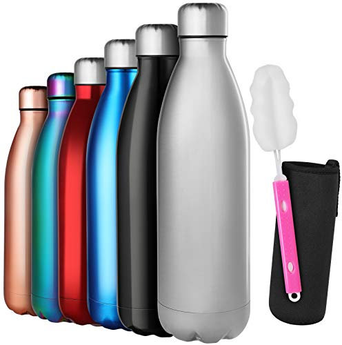 GeeRic Bouteille 1L d'eau en Acier Inoxydable, Bouteille d'eau en Métal à Double Paroi Isolée sous Vide 12 Heures Chaudes et 24 Heures Boissons Froides Bouteilles Argent